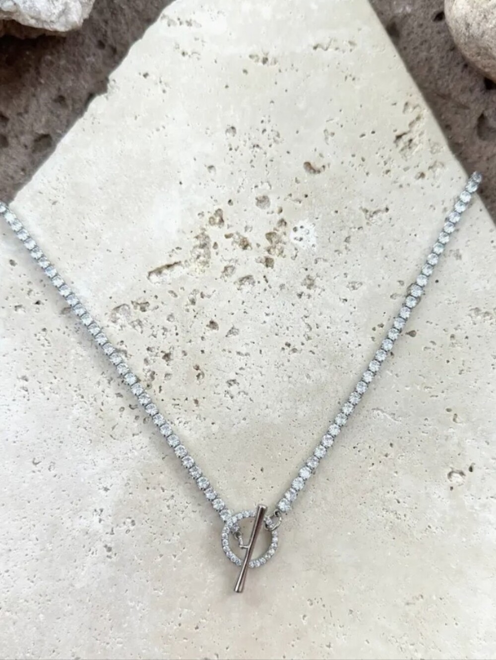 Adornia Silvertone Crystal Tennis Necklace with Toggle Clasp/ BNWT